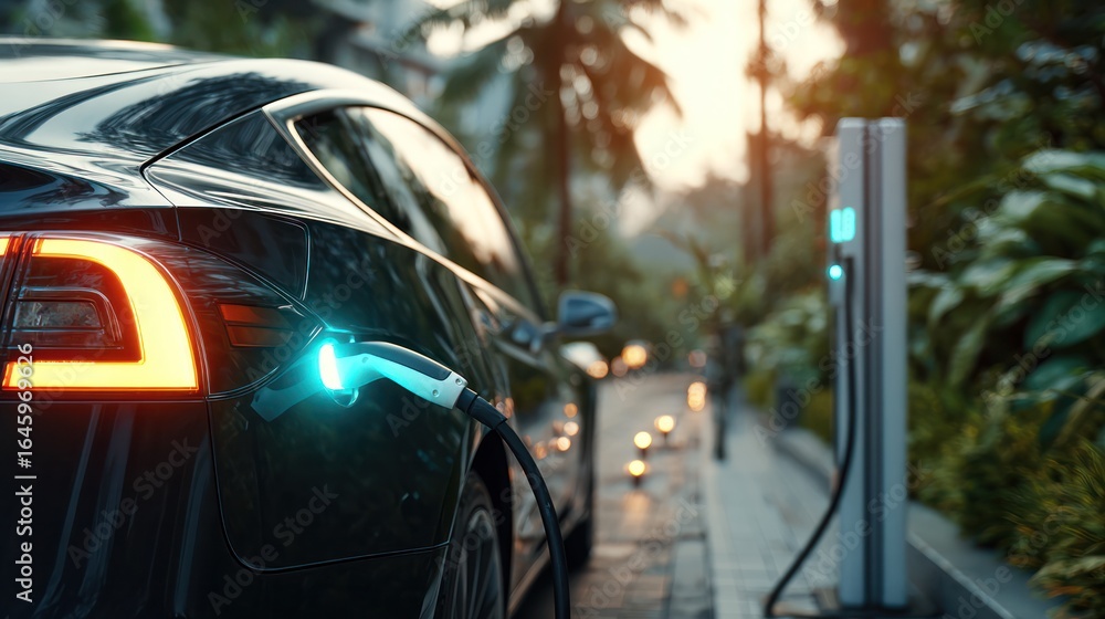 Fototapeta premium Electric vehicle charging with blue energy glow, symbolizing sustainable mobility and clean energy transition.