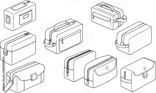 Vector technical drawing of various toiletry and travel bags, isometric views, zipper and buckle closures, handle details, fashion accessory blueprint for manufacturing