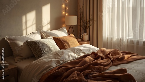 comfortable bedroom scene featuring warm lighting and soft blankets, evoking comfort and relaxation.