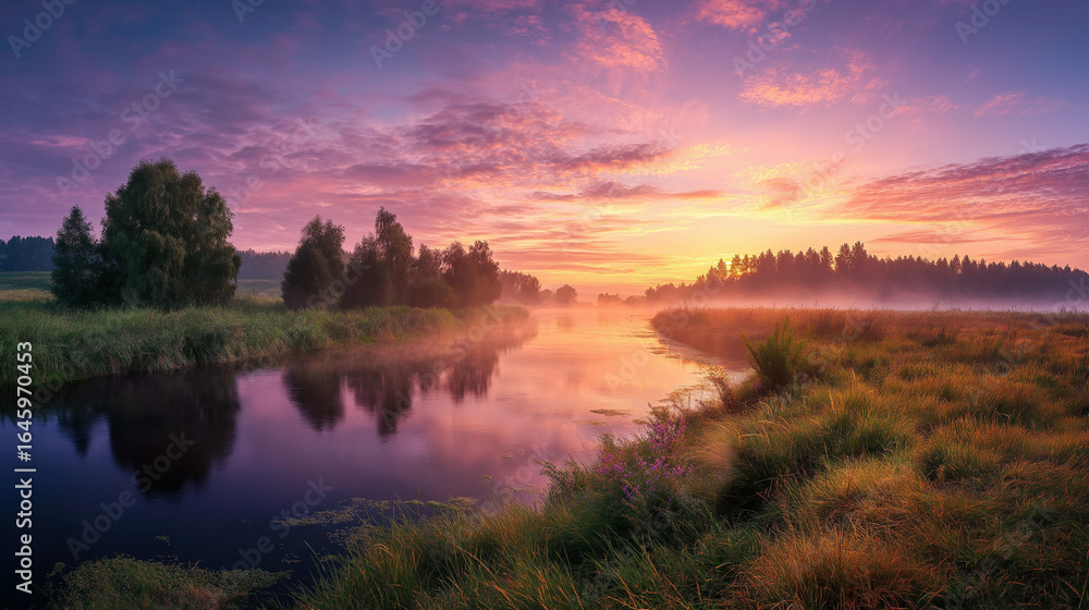 Obraz premium panorama of a summer landscape with sunrise, fog and the river, generated via ai
