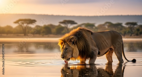 Lion drinking water at sunset in serengeti national park with trees in the background landscape view on transparent background