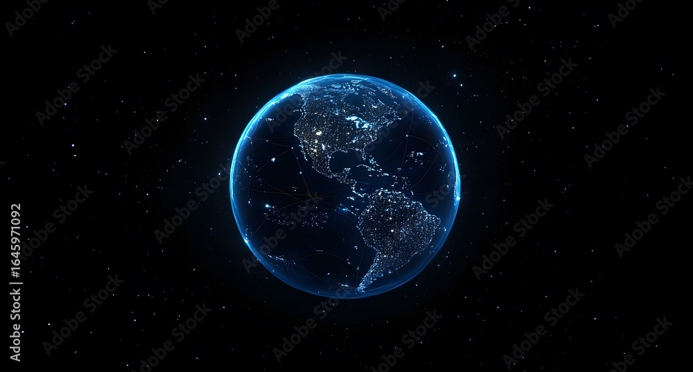 Obraz premium A dark blue background with the Earth in focus, surrounded by glowing connections representing global connectivity and data transfer,