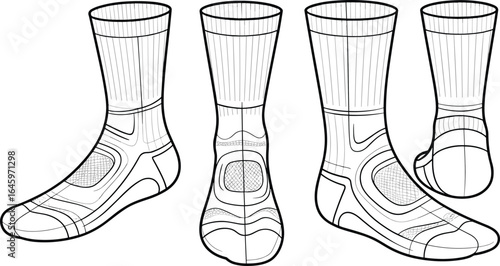 Cad drawing flat vector illustration, technical sports socks design, athletic footwear apparel sketch, performance compression sock template, seamless knit hosiery fashion