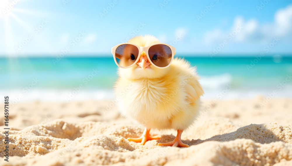 Obraz premium Cute chick wearing sunglasses on sandy beach under bright sun 