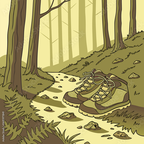 A pair of hiking boots sits on a rocky trail through a forest with tall trees and grassy undergrowth nearby