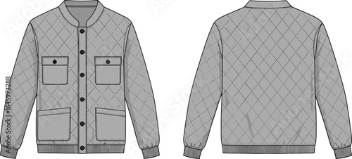 Quilted jacket front and back view, button closure, ribbed cuffs, fashion outerwear, stylish design, multiple pockets, apparel illustration