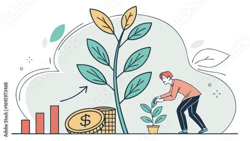 Illustration of a man tending to a plant with financial growth and investment symbols shown