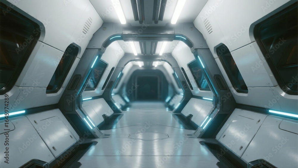 Obraz premium A futuristic spaceship corridor featuring sleek white walls, blue neon lighting, and a modern, clean interior design.