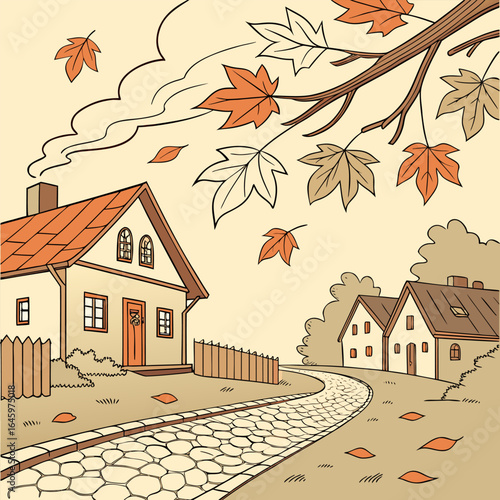 Illustration of autumn scene with houses, falling leaves, and a winding stone path in a village setting