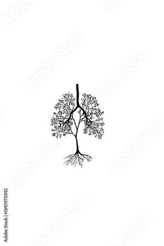 Stylized lungs depicted as a tree with branches and roots in black and white illustration