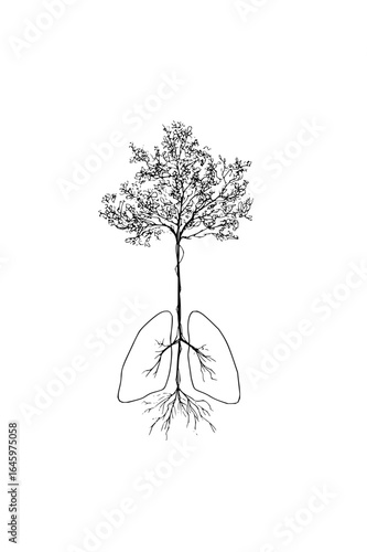 Illustration of a tree with branches and roots shaped like human lungs on a white background