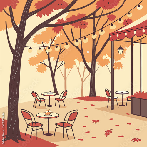 Illustration of an outdoor cafe with tables chairs trees and string lights in autumn colors and style