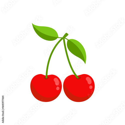 Flat vector of pair of shiny red cherries with green stems and leaves