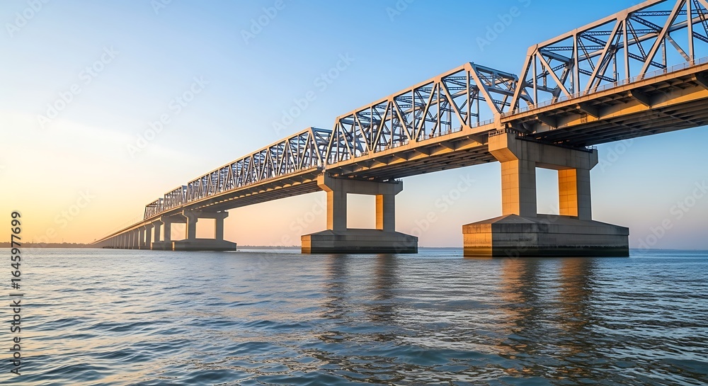 Fototapeta premium Long Metal Structure Crossing Water at Sunset, Featuring Engineering and Clear Sky Background.