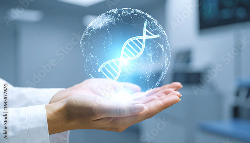 Science's Touch: A scientist's hand cradles a luminous DNA strand within a transparent globe, symbolizing the exploration of life's fundamental building blocks.