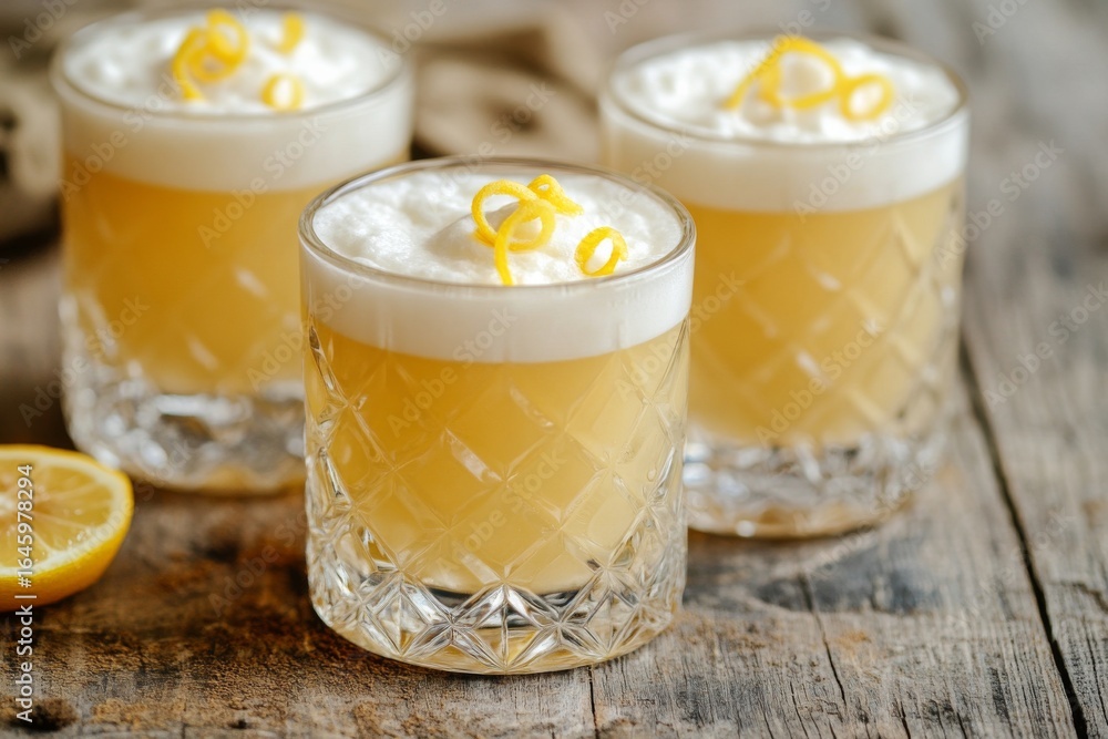 Refreshing lemon whiskey sour cocktails with foam and zest Refreshing lemon whiskey sour cocktails with foam and zest