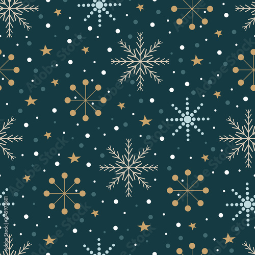 Christmas snowflakes vector seamless pattern. Holly jolly Xmas surface design of snow crystals, stars and polka dots on blue background