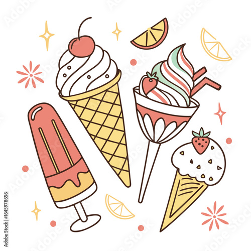 A delightful collection of assorted ice cream cones and popsicles, featuring various flavors and toppings, perfect for a summer treat