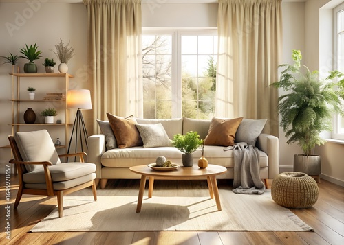 Cozy living room interior with a comfortable sofa, armchair, coffee table, and natural light streaming through the window