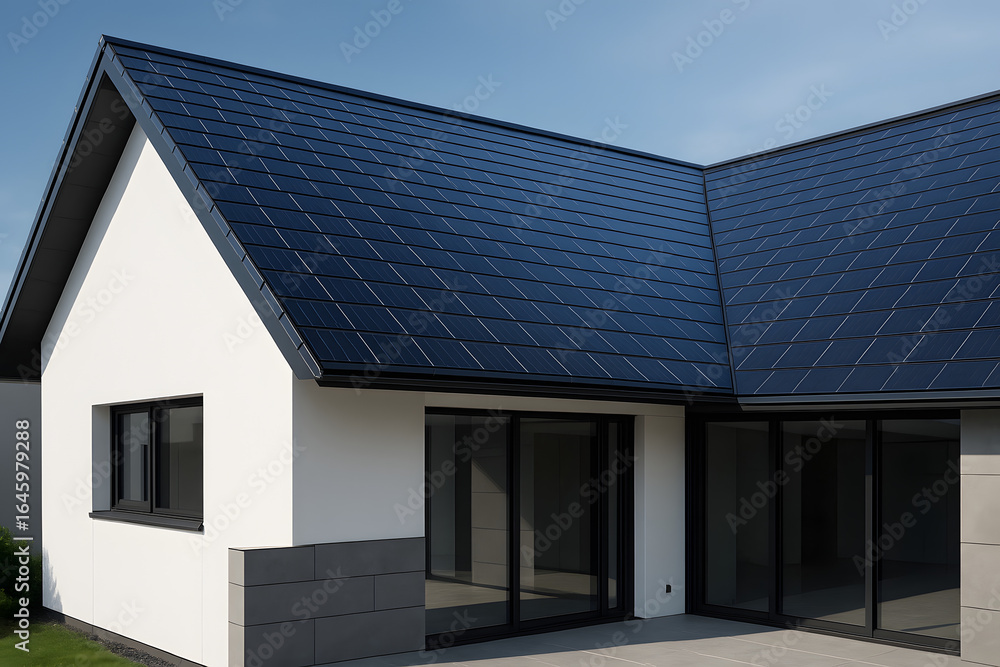 Fototapeta premium Modern Residence Architecture: A pristine, contemporary dwelling, showcasing innovative architectural design with clean lines, solar panels.