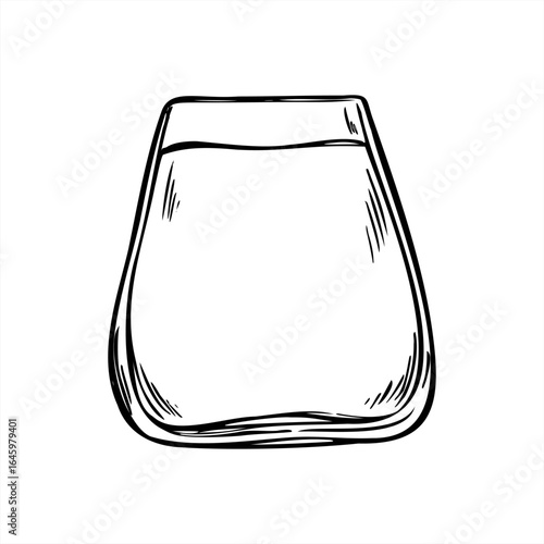 Full glass with refreshing drink monochrome vector isolated illustration in linear outline style. Purity drink etching drawing. Water beverage for menu, packaging concept, hydration design