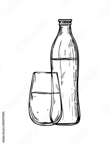 Vector natural water full glass and open glass bottle isolated illustration painted by black inks. Etching drawing of water bottle for beverage packaging, hydration products, restaurant menus.
