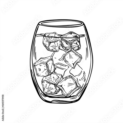 Glass with refreshing drink and ice cubes monochrome vector illustration painted by black inks. Cold soda, tonic or water shot etching drawing. Pure beverage for bar menus, healthy lifestyle poster
