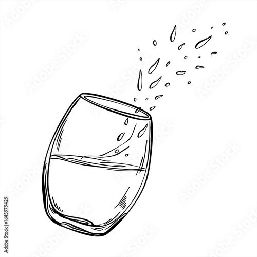 Water splash with drops from glass dynamic vector isolated illustration. Flowing beverage wave bubbles monochrome sketch. Water in motion with sprays for bar menus, summer drink decor