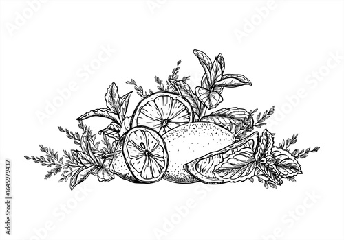 Lemons, mint sprigs and wild meadow grasses vector isolated illustration painted by black inks. Monochrome citrus fruit among aromatic greenery etching drawing for organic product packaging, spa menu