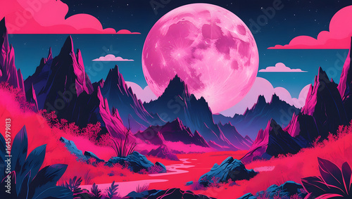 Mountain sunset at night with stars and moonlight