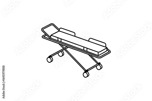 Simple line illustration of a hospital stretcher or gurney on wheels with adjustable height and headrest silhouette