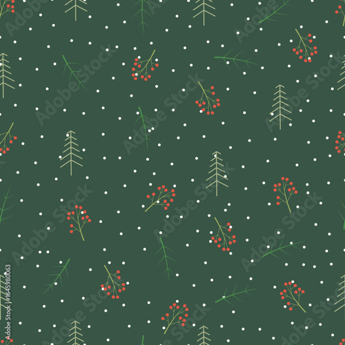 Christmas tree vector seamless pattern. Holly jolly Xmas surface design of pine trees, polka dots and berries on green background