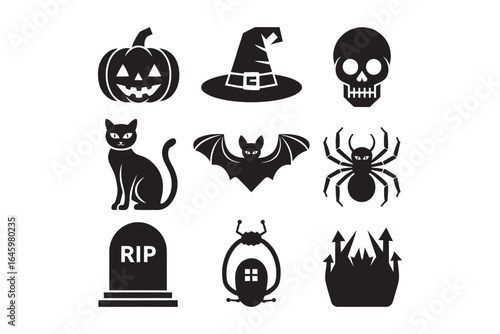 Simple black glyph icon set for Halloween celebration. Spooky vector elements including pumpkin, skull, and witch hat silhouettes.