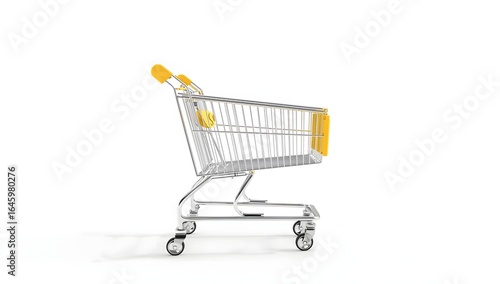 Shopping cart placed alone on  white background, illustrating minimalist retail and consumer concept.