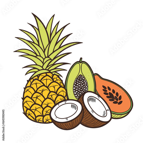 A vibrant illustration of assorted tropical fruits including pineapple, papaya, coconut, and melon, presented together on a clean white background for a fresh and healthy theme