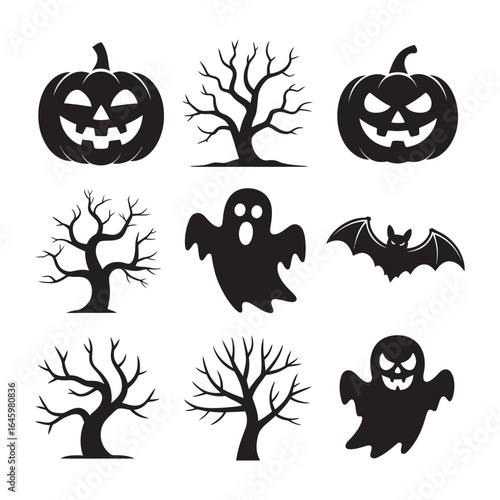 Spooky Halloween Icons Jack-o-lanterns, Ghosts, Trees, and Bats for Festive Decorations