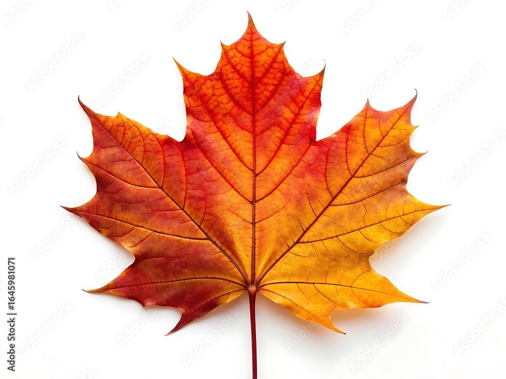 A vibrant and detailed macro shot of a single maple leaf with autumn colors, isolated on white background, showcasing the beauty of nature and seasonal change A vibrant and detailed macro shot of a single maple leaf with autumn colors, isolated on white background, showcasing the beauty of nature and seasonal change