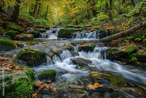 Autumn creek flowing through forest rocks