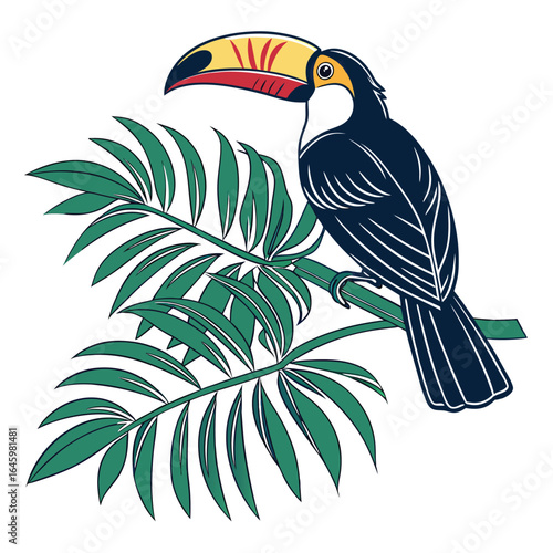 A vibrant toucan with a large, colorful beak perched on a leafy branch, isolated on a white background