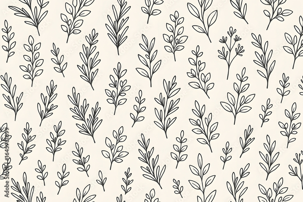 Fototapeta premium Floral Elegance: A sophisticated botanical pattern of hand-drawn leaves and stems creates a timeless and graceful design.