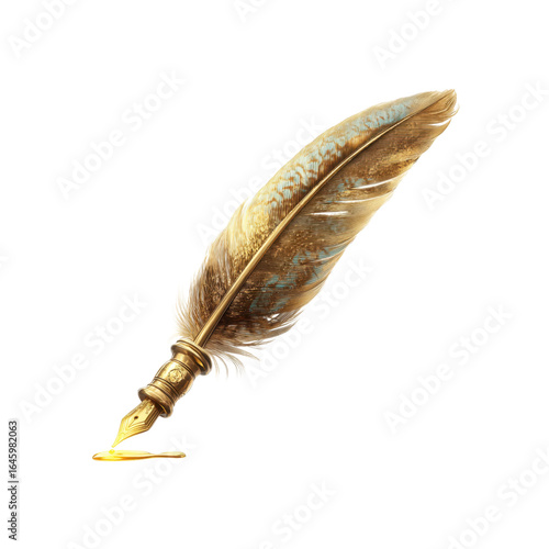 Elegant Quill Pen with Golden Nib and Ink Drop - Vintage Writing Instrument
