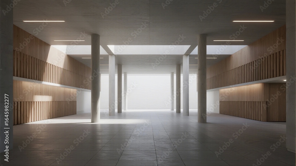 Obraz premium A minimalist concrete interior space with large skylights, open layout, and wooden paneling, creating a bright and airy atmosphere.