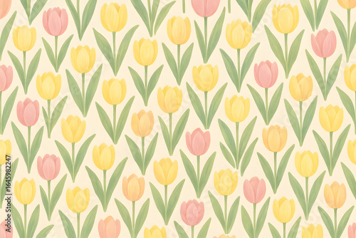 Floral Symphony: An eye-level shot showcases a repeating pattern of vibrant tulips, petals unfurling in a dynamic display of color and form.
