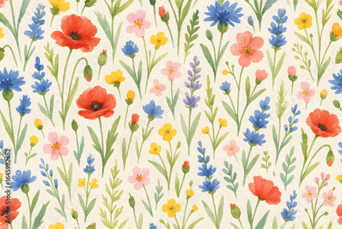 Floral Tapestry: A close-up of a beautiful botanical pattern, revealing the intricate detail and vibrant colors of various flower species seamlessly arranged across the image.