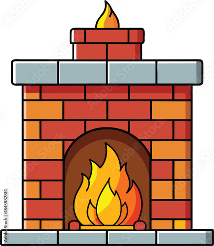 Cozy brick fireplace with a warm flickering fire burning brightly inside