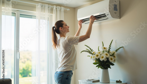 Young woman checking the cleanliness of air conditioner in modern living room. 