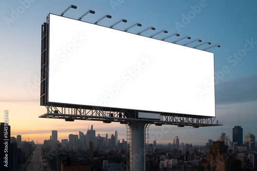 Large blank white billboard in city skyline at dusk for advertising
