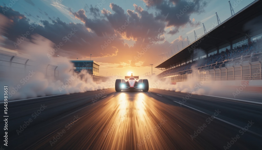 Obraz premium Motion blur captures an F1 race track circuit road leading to a grandstand stadium by gold sunset and a smoke of the tires, majestic shot for electrifying Formula One competitions