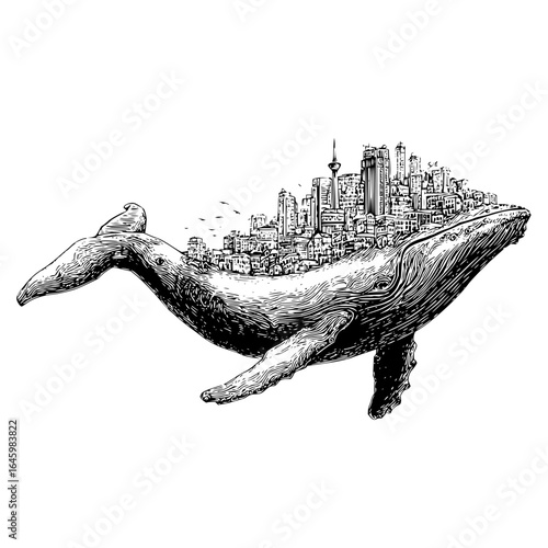 Whale city illustration drawing sketch art concept design creative cityscape ocean animal marine life travel adventure