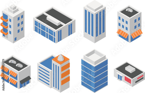 Isometric vector illustration set of office towers, apartment blocks, retail shops, commercial centers, and corporate buildings for modern urban city architecture